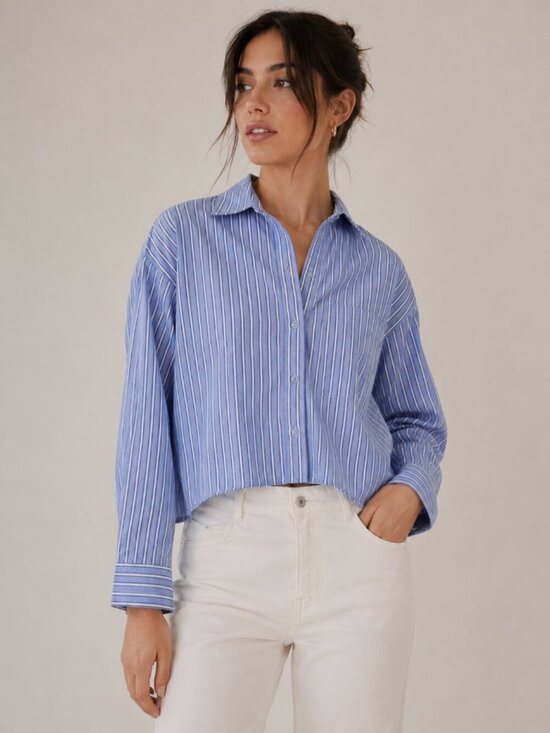 Wear Cisco XS/S Cropped Oversized Blue White Stripe Cotton Button Down Shirt